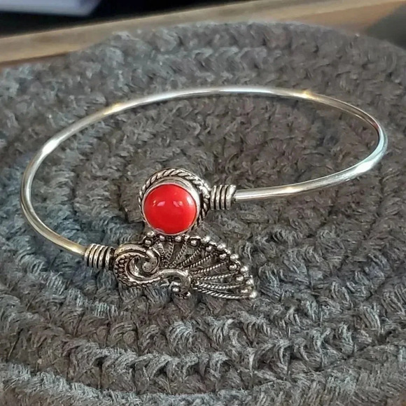 Handcrafted Red Coral Gemstone Peacock Sterling Silver Overlay Cuff Bracelet #O - Picture 4 of 7